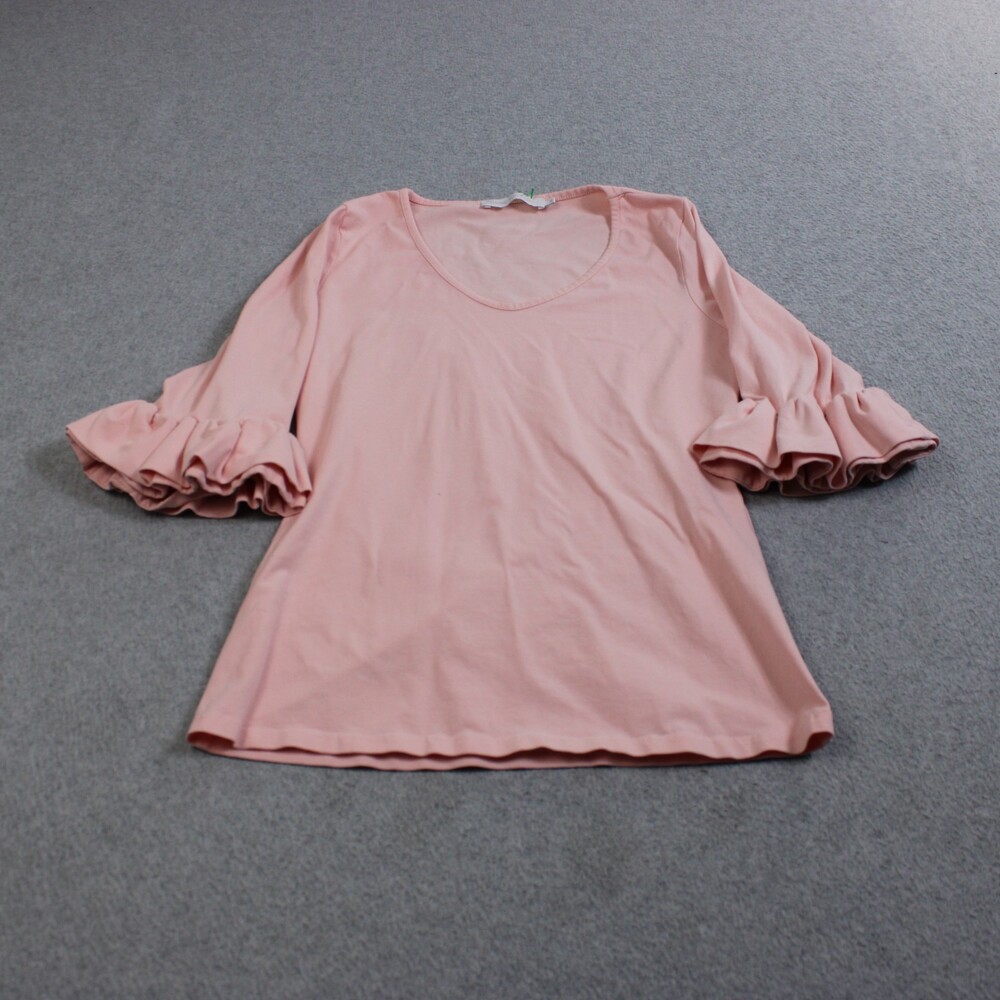 Anne Fontaine Shirt Women Small 36 Pink 3/4 Sleeve Ruffle Stretchy Quiet Luxury